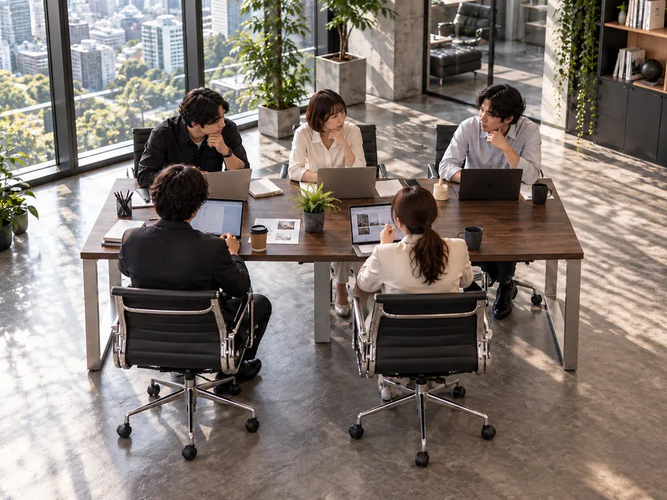 濃い茶色の大きなテーブルで、5人がノートパソコンを開いて打ち合わせをしている