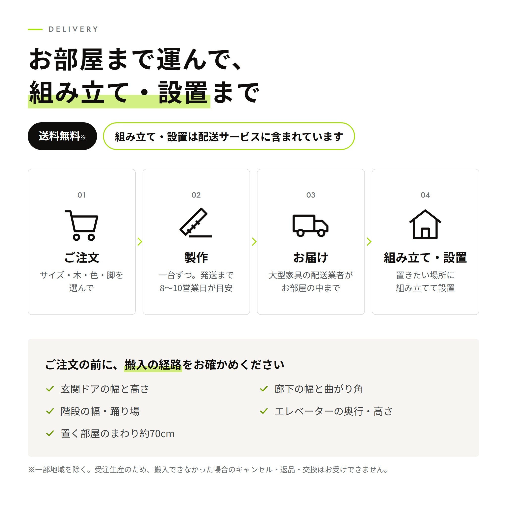 お届け。お部屋まで運んで組み立て・設置。ご注文の前に搬入の経路をご確認ください