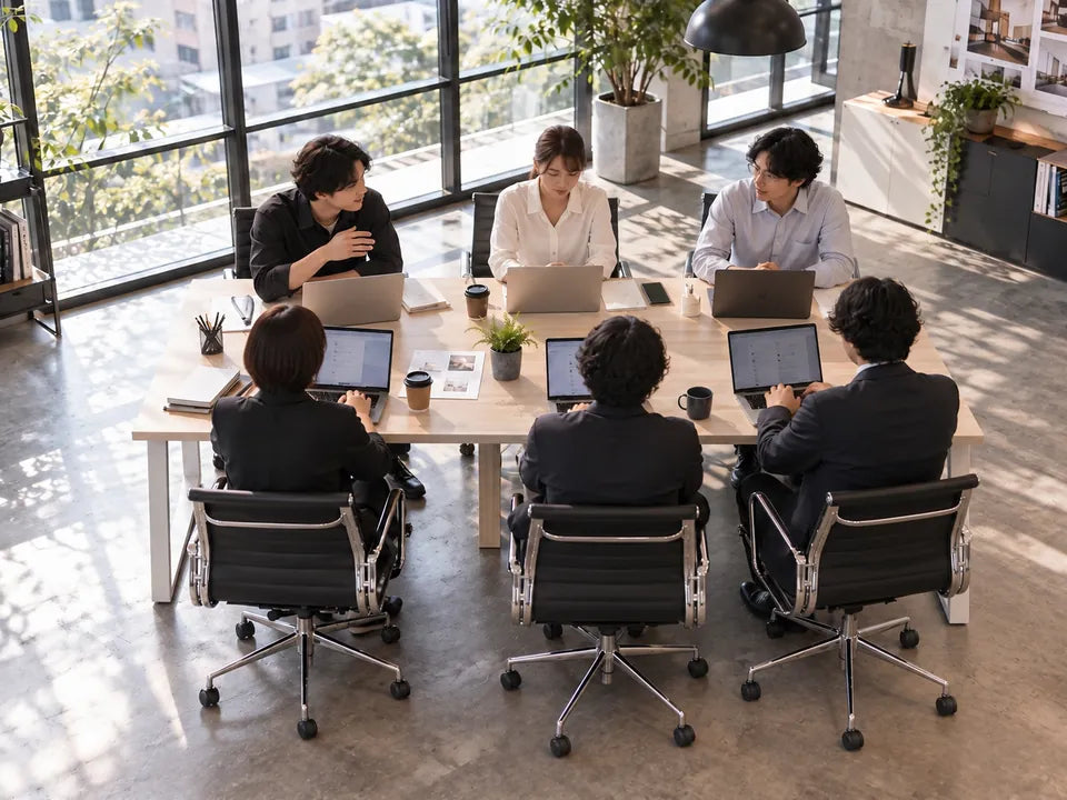 明るい木の大きなテーブルを6人で囲む会議の様子。両端は白いアイアン脚、真ん中は木の脚