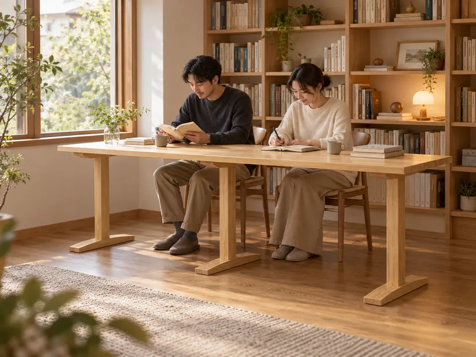窓ぎわの明るい木のテーブルで、2人が並んで本を読んだり書きものをしている。木製の工型の脚が両端と真ん中に3つ